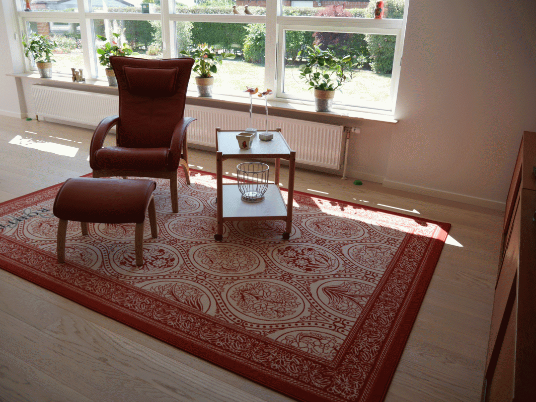 feng shui indretning med rødt tæppe og rød stol på trægulv